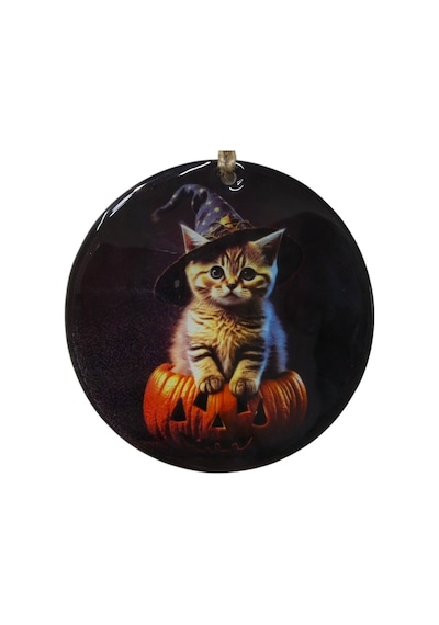 Sihirbaz Kedi Temalı Cam Kapı Süsü - Hediyelik Halloween Dekorasyonu - 12 Cm