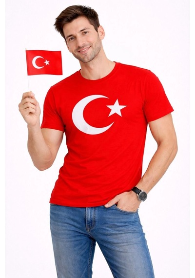 Erkek T-shirt Kısa Kol Bisiklet Yaka Ay Yıldız Bayrak Baskılı Tişört - Kırmızı Çok Renkli