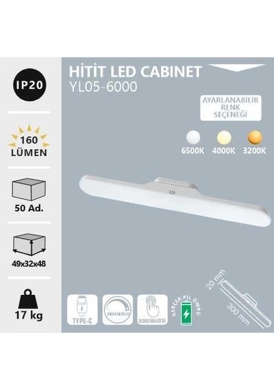Noas Hitit 3w Şarjlı Dokunmatik Led Cabinet Dolap Aydınlatması 3 Renk Beyaz