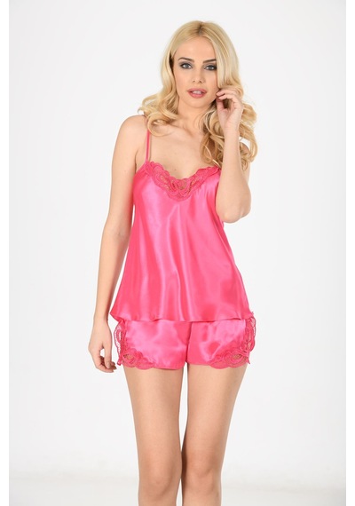 Fuşya Saten Babydoll Şortlu Takım