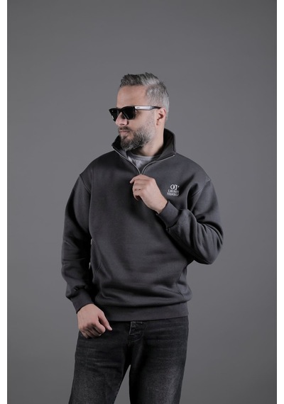 Dik Yakalı Parçalı Erkek Sweatshirt Füme