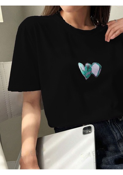 Çift Kalp Logo T-shirt - Siyah Baskılı Oversize Bisiklet Yaka Kısa Kol Tişört Siyah