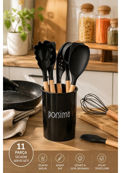 Porsima 3165 Standlı Bambu Silikon 11 Parça Servis Takımı Seti Siyah