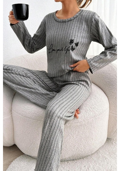 Zhlbutik Genç Baskılı İ Nterlok Pijama Takımı Açık Gri