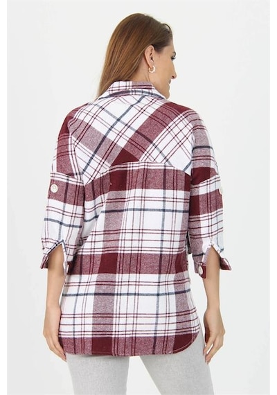 Neşeli Butik Kadın Katlanabilir Kol Cep Detaylı Ekose Oduncu Gömlek Nb9020 bordo