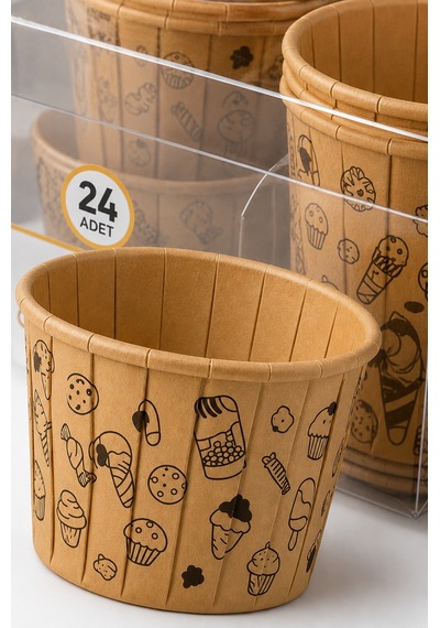 Cupcake Kapsülü 24'lü Kraft Şekerleme Desenli Lamineli Asetat Kutulu Kek Muffin Pişirme Kapsülü