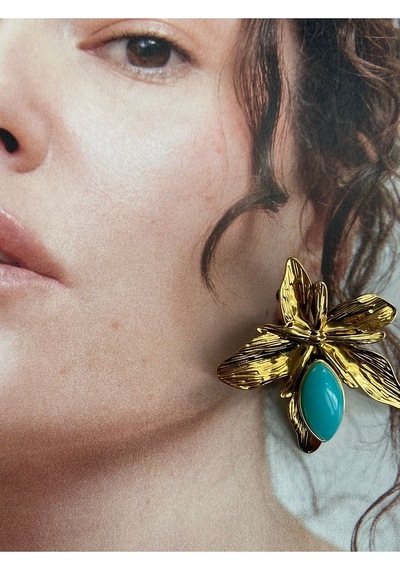 Pinery Jewels Firuze Taşlı Yaprak Paslanmaz Çelik Kadın Küpe Çifti Altın