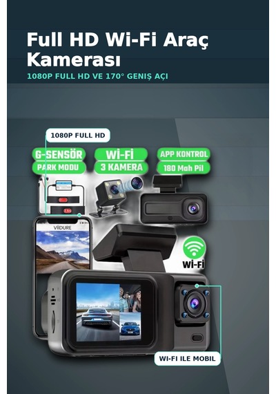 1080p Full Hd 3 Kameralı Araç İçi Kayıt Kamerası Seti Wi-fi Ve Park Modu Özellikli