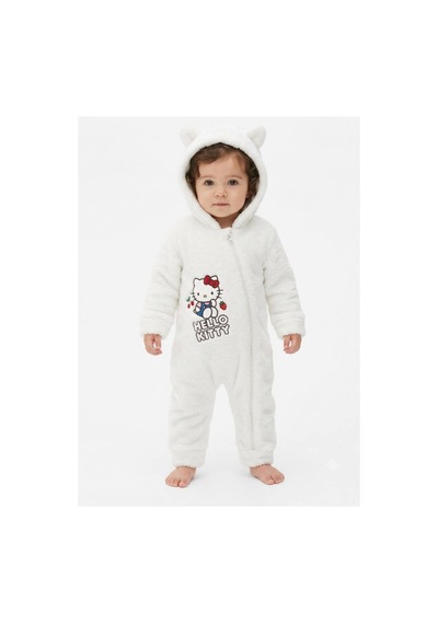 Hello Kitty Lisanslı Kız Bebek Welsoft Peluş Tulum Kapüşonlu Fermuarlı Kışlık Bebek Tulumu Beyaz