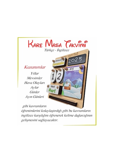 Ahşap Kare Masa Takvimi Türkçe İngilizce Öğrenimi
