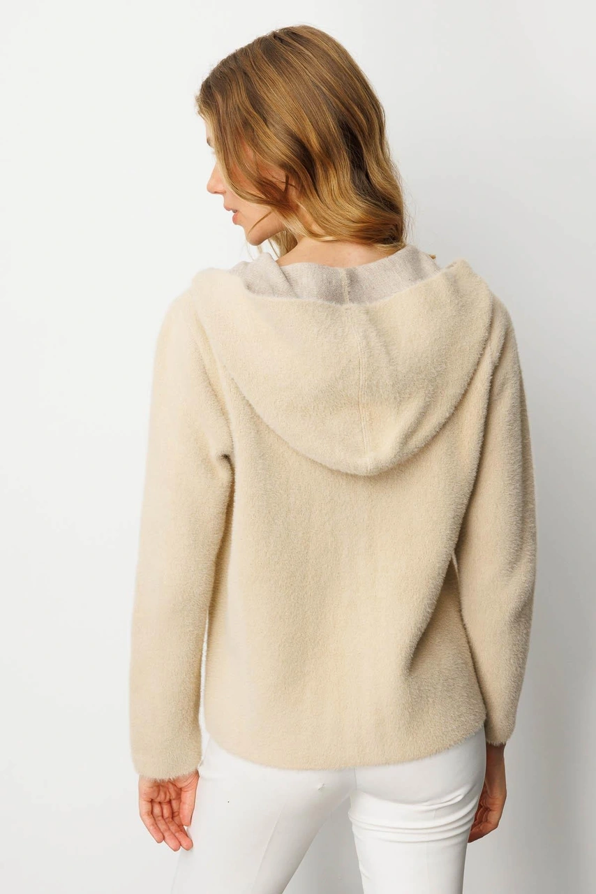 Kadın Kapüşonlu Fermuarlı Kısa Triko Sweatshirt Bej Bej