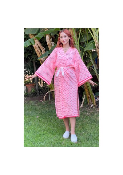 Lila Mare Fosforlu Fisto Pamuk Kumaş Nakışlı Handmade Kimono Renkli Renkli