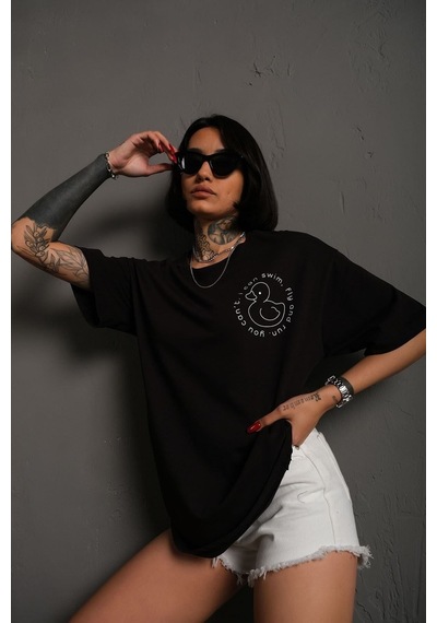 Technomonkey Unisex Siyah Oversize Ördek Baskılı Techno Tişört