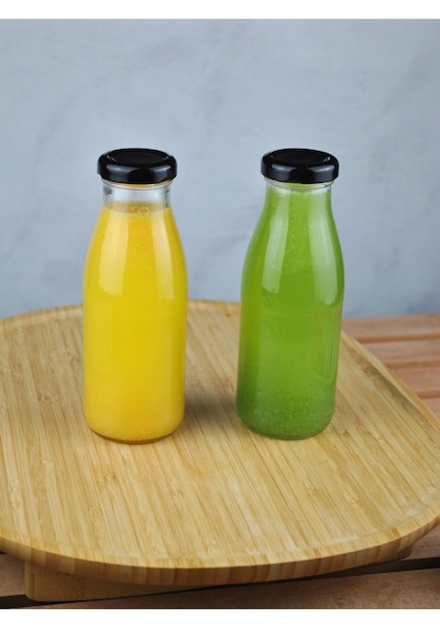 3 Adet Cam Şişe Meyve Suyu Ayran Detoks Şişesi 250 Ml Siyah Metal Kapaklı Şişe