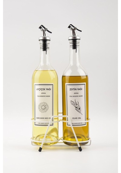 Beyaz Standlı Akıtıcılı Şeffaf 750 Ml Beyaz Etiketli Yağlık Yağdanlık Çok Renkli