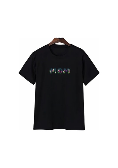 Butik İstanbul Anneler Günü Mom Çiçek Temalı Baskılı Oversize Bisiklet Yaka T-shirt - Siyah