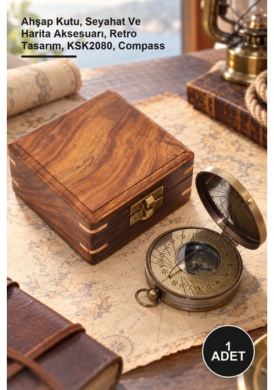 1 Adet Ahşap Kutulu Pusula Ahşap Kutu, Seyahat Ve Harita Aksesuarı, Retro Tasarım, Ksk2080, Compass