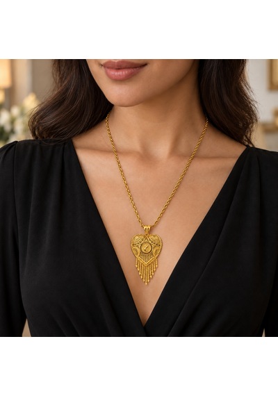 Kadın Gold Renk Kalp Formlu Püsküllü Otantik Hint İşi Uzun Kolye 60+5 Cm Renkli