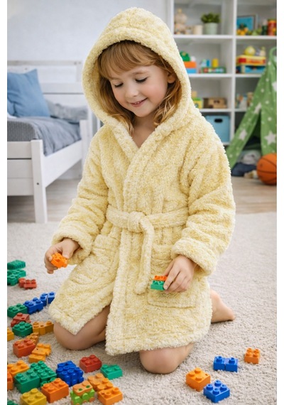 Luna Soft Kız / Erkek Çocuk Kapşonlu Wellsoft Bornoz Peluş Sabahlık Sarı Sarı