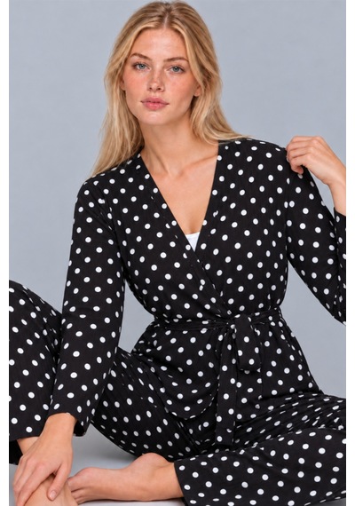 Kadın Desenli Ev Stili Kuşaklı Siyah Pijama Takımı 4806