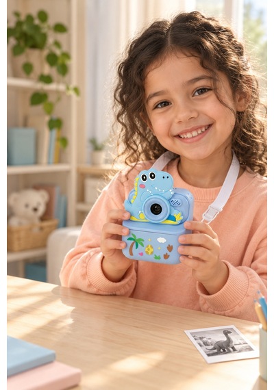 Kj/zm-002 Zoomy-d Dinozor Figürlü Anında Baskılı Çocuk Fotoğraf Makinesi, Çift Kamera, 2,4 İnç Ekran, 1080p Video, 3+ Yaş Mavi