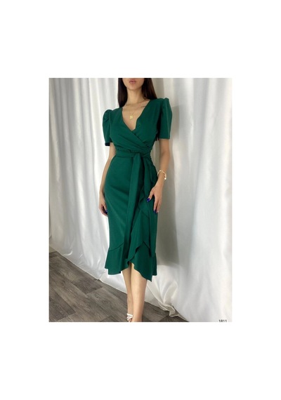 Butik İstanbul Kadın Kruvaze Yaka Midi Boy Kuşaklı Krep Elbise 120 Cm Yeşil