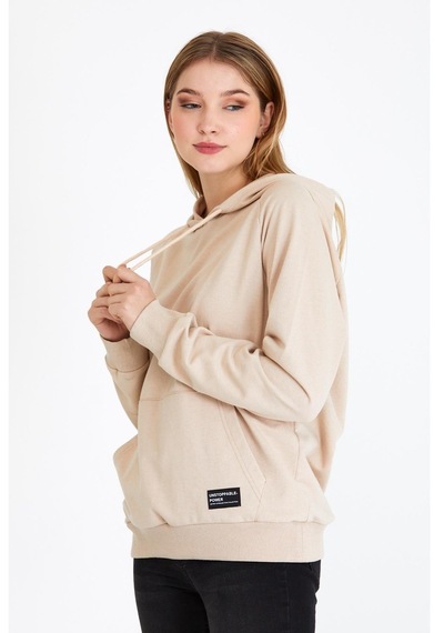 MMetalic Kadın Bej Kapüşonlu Basic Örme Sweatshirt
