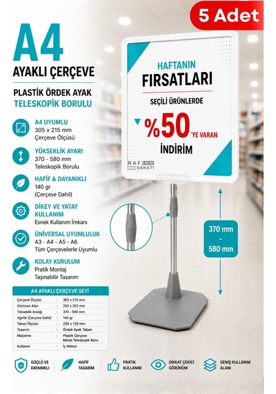 5 Adet - A4 Ayaklı Fiyat Etiketlik Teleskopik Borulu Çerçeve Etiketlik Yönlendirme Levhası Menü Panosu Beyaz
