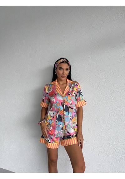 Kedi Desenli Üçlü Saten Pijama Takımı Çok Renkli