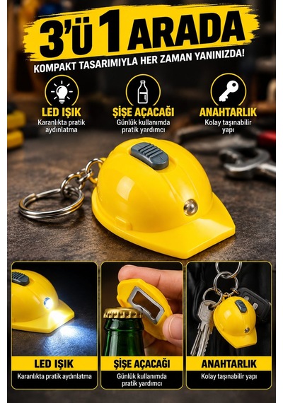Işıklı Baret Tasarımlı Anahtarlık Şişe Açacaklı Led Işıklı Mini Anahtarlık