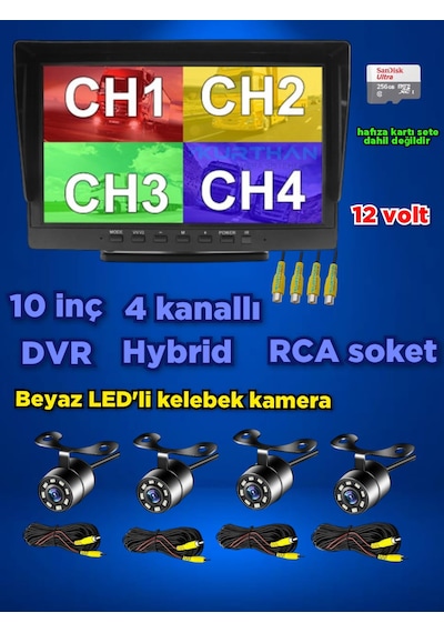 Dvr Hybrid 10'' Ekran Ve 4 Ad Beyaz Ledli Kelebek Kamera Seti 12v