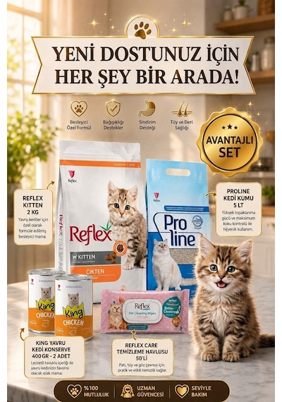 Yavru Kedi Seti - Kitten 2 Kg + Proline Kedi Kumu 5 Lt + King Yavru Kedi Konserve 2x400 Gr + Temizleme Havlusu 50'li