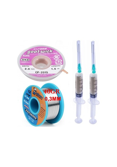 Dörtlü Set Flux,lehim Emme Fitili 2,0mm Ve Mechanic Lehim Teli 40gr 0,3mm X02