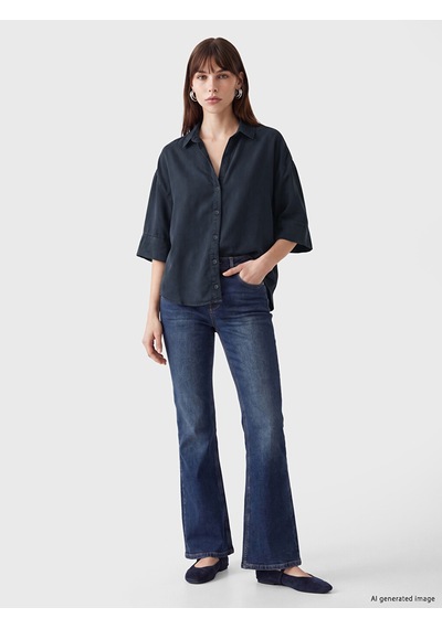 Lcw Vision Lacivert Oversize Kadın Jean Gömlek