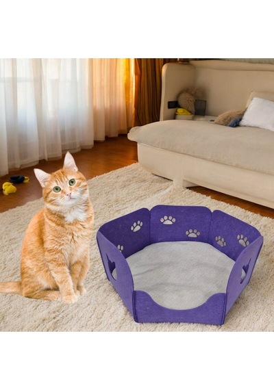 Kedi Yatağı Yuvası Evi Minderli Taşınabilir 3 Mm Keçe Altıgen Tasarım Yuva+minder Mor