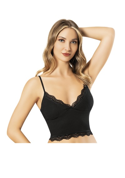 Lusistore Crop Bluz Takım Askılı Dantelli Pedli Büstiyer Bralet %95 Pamuk Ten