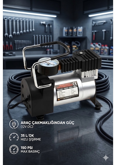Profesyonel Metal Oto Araç Hava Kompresörü 12v Lastik Pompası 150psı 0 - 150 Psı 0 - 10 Bar