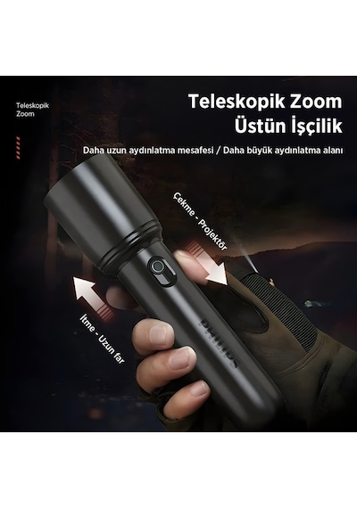 Philips Sfl1403 400 Lümen 5w Led El Feneri Teleskopik Zoom Sos Modlu Şarj Edilebilir Uzun Menzilli Flashlight