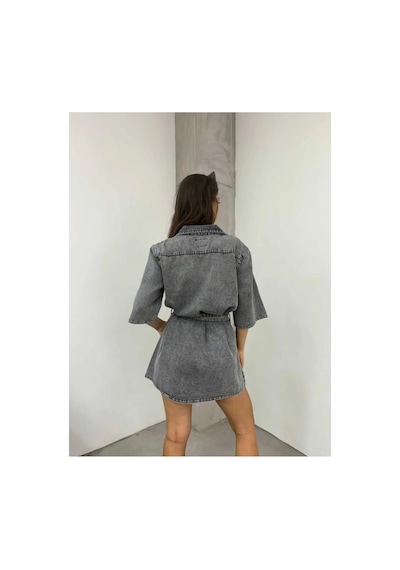 Kene Jeans Kuşaklı Full Düğme Kapamalı Kısa Kot Elbise Kar Siyah