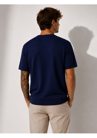 Ribana Erkek Kısa Kollu Fitilli Bisiklet Yaka Esnek T-shirt 26113 Lacivert