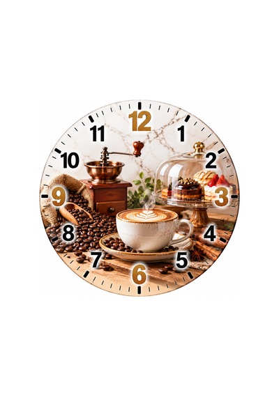 Kahve Cafe Temalı Duvar Saati 45 Cm Kahve Dükkanı Kafe Mutfak Uv Baskı Sessiz Akar Mekanizma 919 Çok Renkli