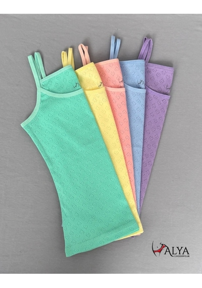 Alya Underwear Kız Çocuk - Garson İp Askılı %100 Pamuklu Atlet Kalpli Jakarlı Kumaş 5'li Paket Çok Renkli P15