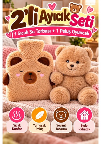 2'li Set Ayıcık Peluş Sıcak Su Torbası Ve 26 Cm Peluş Oyuncak Kahverengi Yumuşak Kılıflı İkili Takım Çok Renkli