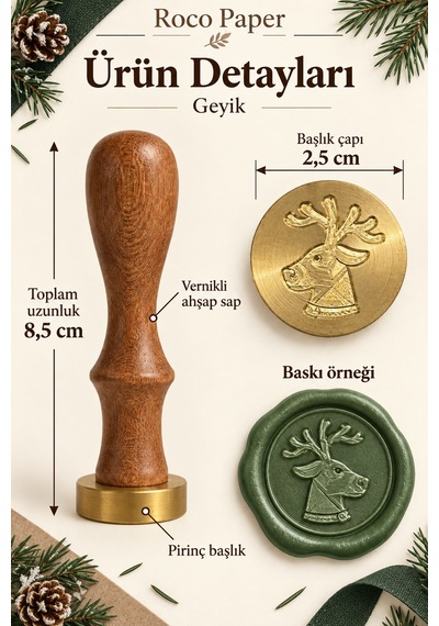 Yılbaşı Temalı Ahşap Pirinç Mum Mührü - 2.5 Cm Çap, Yeniyıl Geyik Çok Renkli