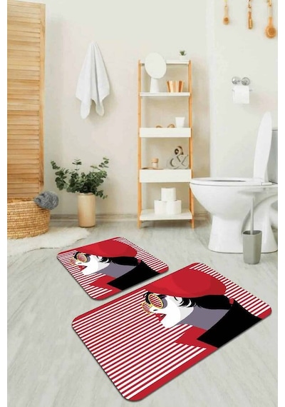Kırmızı Yüzler Banyo Halısı Klozet Takımı Paspas Seti Bs221n11