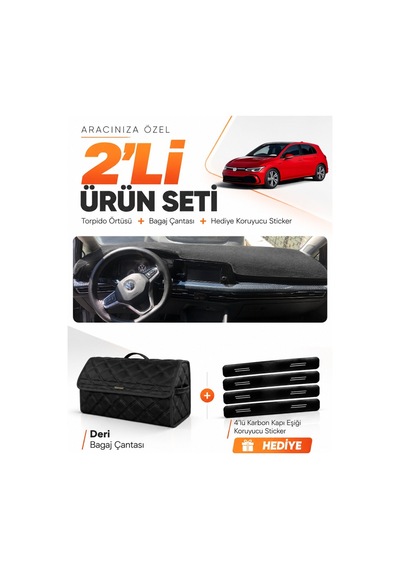 Volkswagen Golf 8 2021-2025 Uyumlu Torpido Örtüsü + Deri Bagaj Çantası + Sticker Seti - Siyah