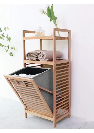 Bambu 2 Raflı Kirli Sepeti Çok Amaçlı Banyo Düzenleyici Organizer Ahşap