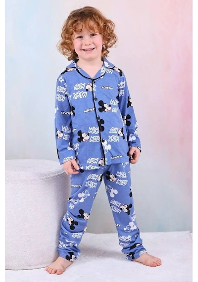 Lillypicca Erkek Çocuk Desenli Önden Düğmeli Uzun Kol Pijama Takımı 9046 mavi