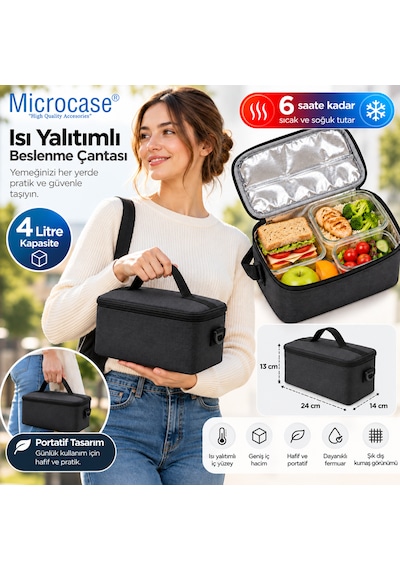 Microcase Portatif Termal Isı Yalıtımlı Yemek Taşıma Beslenme Çantası Al7021 Siyah