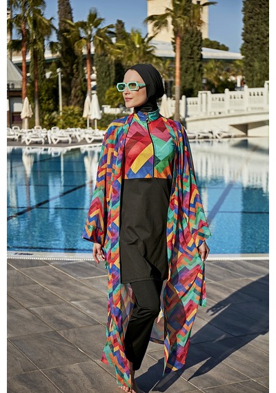Remsa Mayo Remsa Tesettür Mayo Üzerine Tek Kaftan Kimono Pareo Rp016 Tetris Siyah